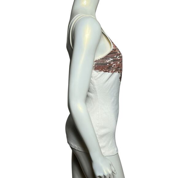 Express White Ribbed Tank Top Silver Sequin Cascade Detail Scoop Neck Size L - Picture 2 of 10
